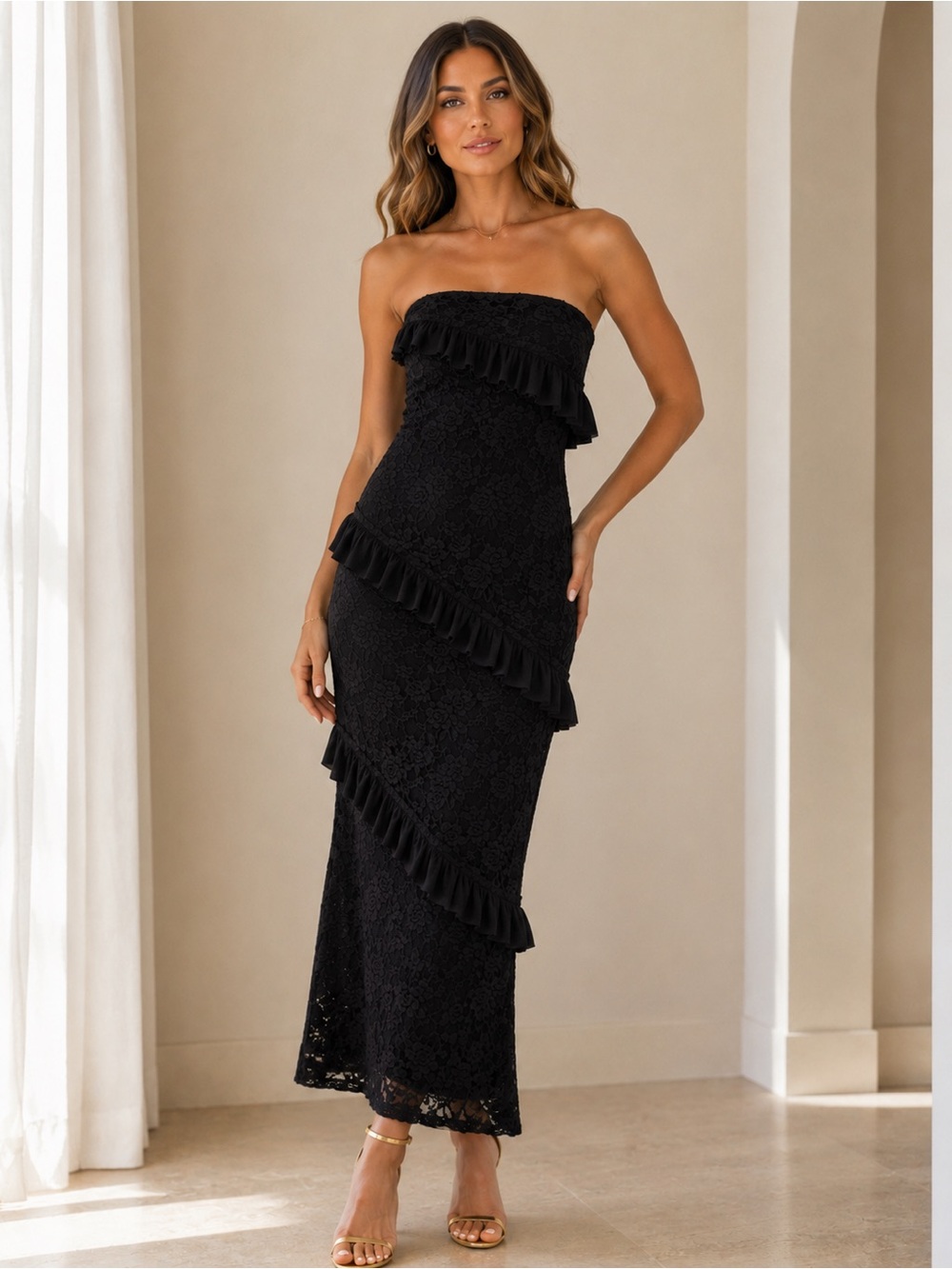 White Fox Strapless Black Lace Maxi Dress with Ruffle Detail